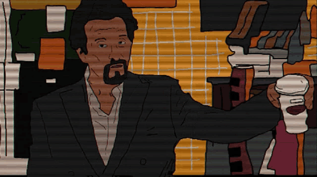 a man in a suit is holding a cup of coffee that says ' caffe latte ' on it