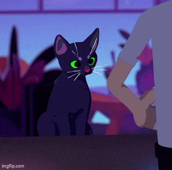 a cartoon of a black cat with green eyes