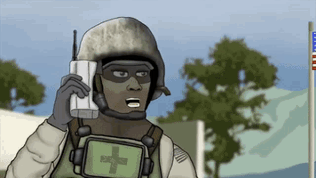 a cartoon soldier talking on a cell phone