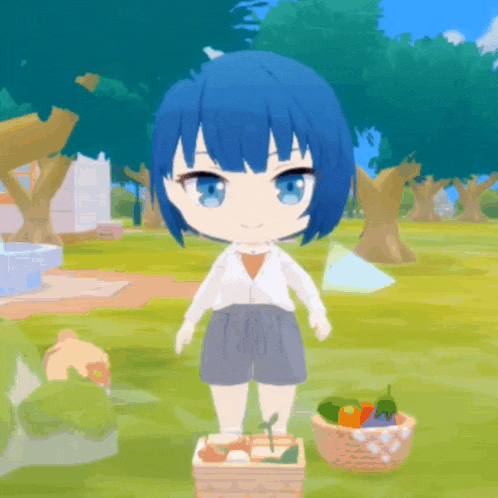a cartoon girl with blue hair is standing next to a basket of fruits and vegetables