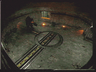 a dark room with a circle in the middle and a warning sign