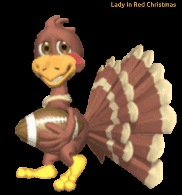 a cartoon of a turkey holding a football with the words lady in red christmas above it