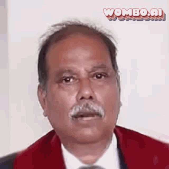 a man with a mustache is wearing a suit and tie and a red jacket .