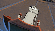 a cartoon character says hi while sitting on a boat