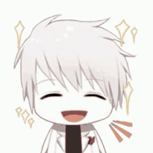 a cartoon character with white hair and a black tie is smiling and laughing .