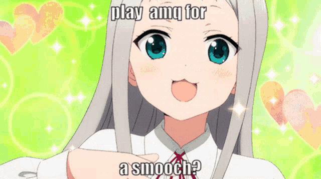 a girl with a peace sign and the words play amq for a smooch on her face