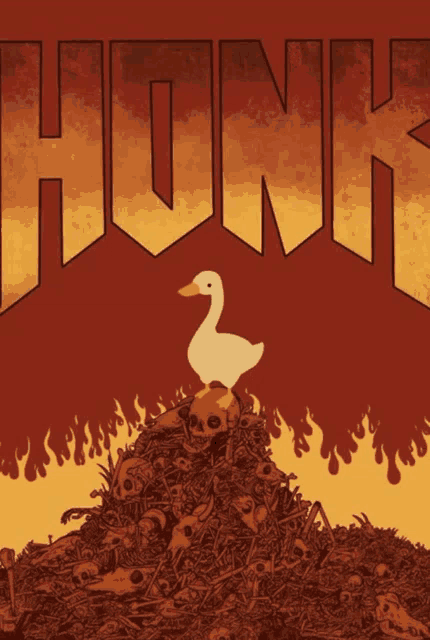 a poster with a duck on top of a pile of skulls and the word honk in the background