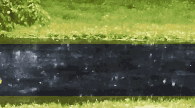 a painting of a grassy field with a blue and yellow stripe on the bottom