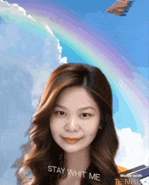 a picture of a woman with a rainbow in the background and the caption stay whit me