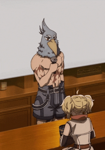 a man with a bird on his head is standing next to a woman