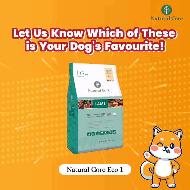 a bag of natural core lamb dog food is displayed on an orange background