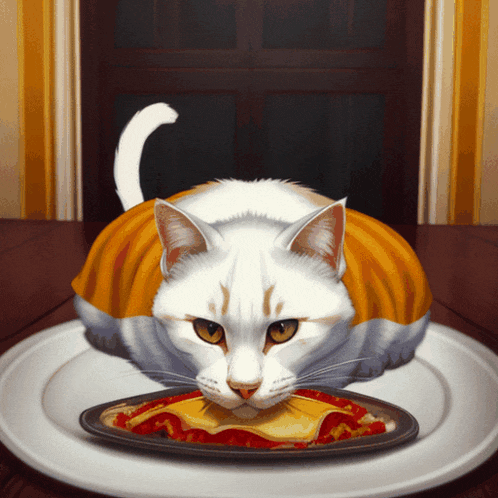 a cat is laying on a plate of food