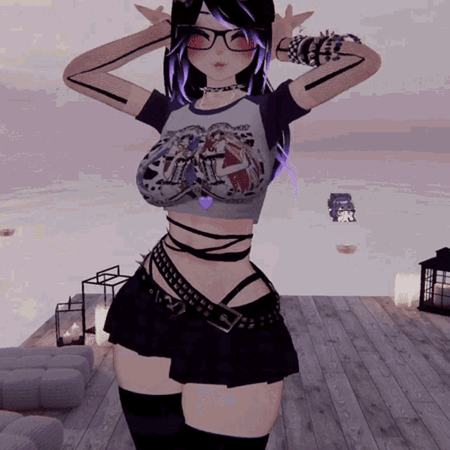a girl with purple hair and glasses is wearing a crop top that says " i love you "