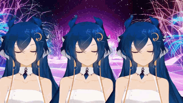 three anime girls with their eyes closed in front of a fireworks display