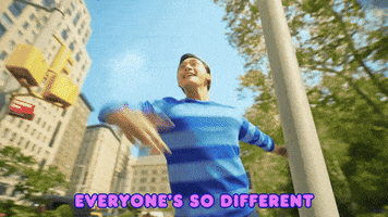a man in a blue striped shirt says everyone 's so different in purple letters