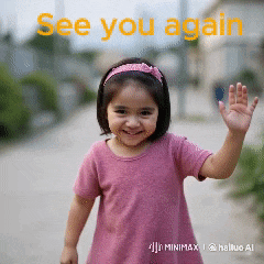 a little girl in a pink shirt is waving her hand and the words see you again are behind her