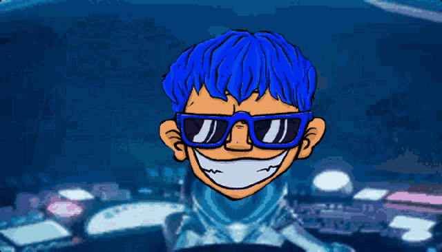 a cartoon character with blue hair and sunglasses is floating in a clear bubble