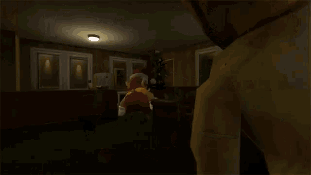 a cartoon character in a santa hat is in a living room