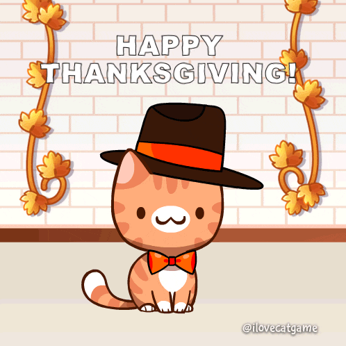 a cat wearing a hat and bow tie is sitting in front of a wall that says happy thanksgiving