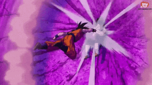 a cartoon character is flying through the air with a purple background and a purple explosion behind him .