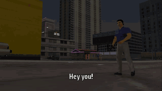 a video game screen shows a man holding a gun and says hey you