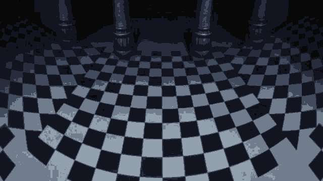 black and white checkered floor with columns in the background