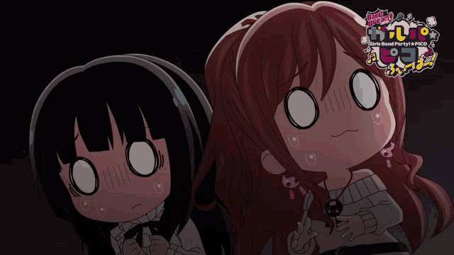 two anime girls are standing next to each other with the words girls band party on the bottom right