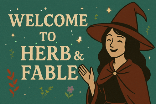 an illustration of a witch with the words welcome to herb & fable below her