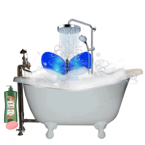 a bathtub filled with soap and a bottle of squirt soap