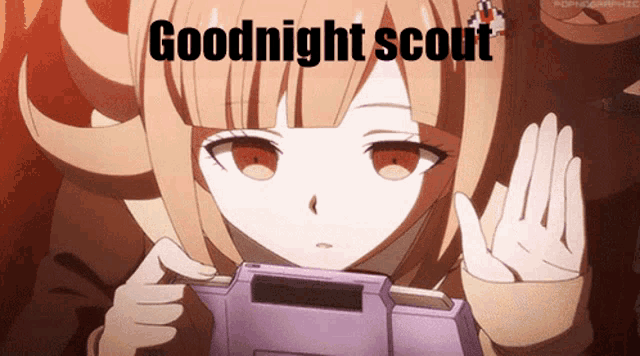 a girl playing a video game with the words goodnight scout written on the bottom