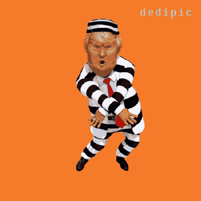 a cartoon of donald trump dressed as a prisoner on an orange background