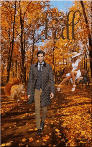 a man walking in a park with a squirrel and a woman sitting on a bench with the words happy fall written above