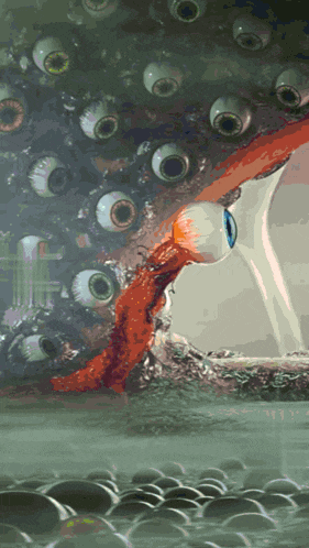 a painting of a monster with lots of eyes coming out of it 's mouth