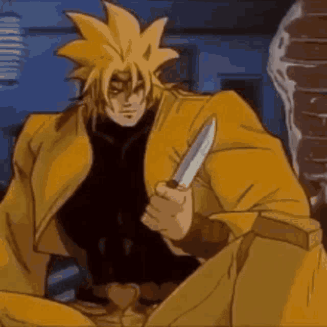 dio is holding a knife in his hand in a cartoon .