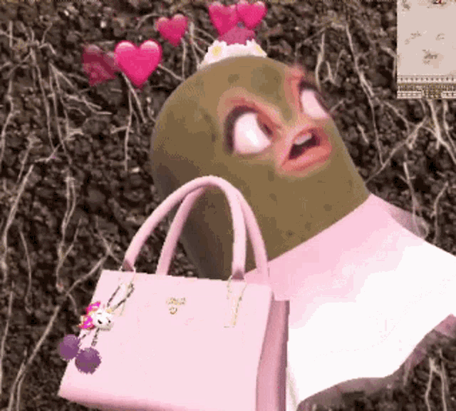 a cartoon character with a pink purse and hearts