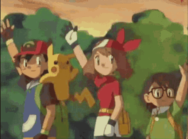 a group of cartoon characters standing next to each other with their hands in the air .