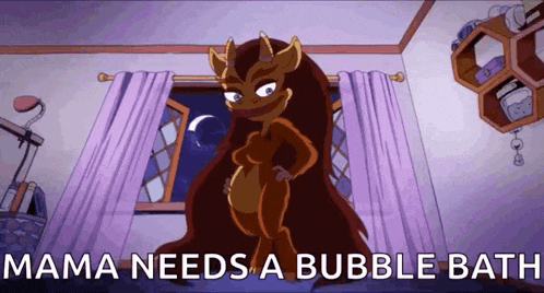 a cartoon of a monster with the words mama needs a bubble bath written below it