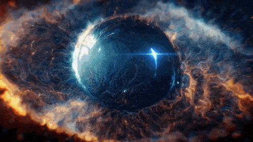 a close up of an eye with a glowing star in the middle