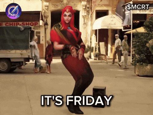 a woman in a red outfit is dancing on a street and the words it 's friday are above her