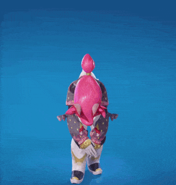 a cartoon character with pink hair and a x on her chest is standing on a blue background