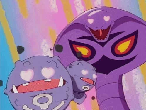 a purple snake with hearts on its eyes is standing next to a smaller purple snake with hearts on its eyes
