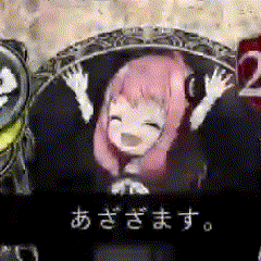 a girl with pink hair and headphones is sitting in a chair with her hands up .