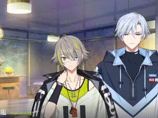 two anime characters are standing next to each other in a room in a video game .