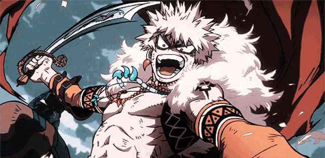 a cartoon drawing of a man holding a sword and a fur coat
