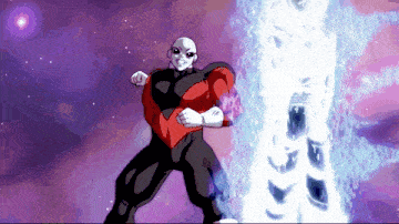 a cartoon character in a red and black suit is standing in front of a purple and blue background .
