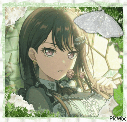 a picture of a girl with flowers and a butterfly with the caption picmix on the bottom