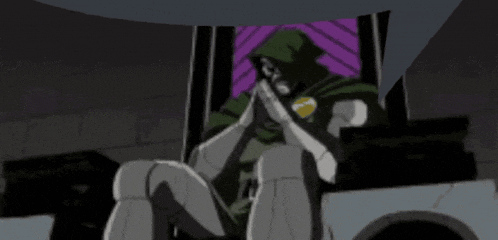 doctor doom is sitting on a throne with his hands folded in prayer .