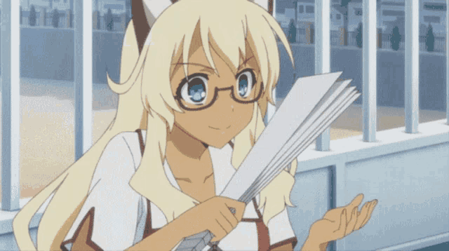 a blonde anime girl with glasses is holding a stack of paper