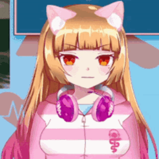 a girl with cat ears wearing headphones and a pink hoodie