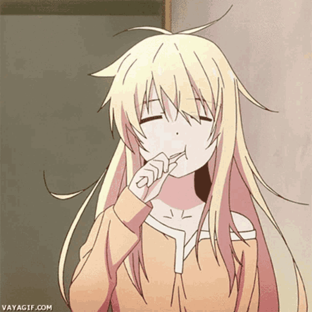 a girl with long blonde hair is brushing her teeth with a vavagif.com logo in the corner